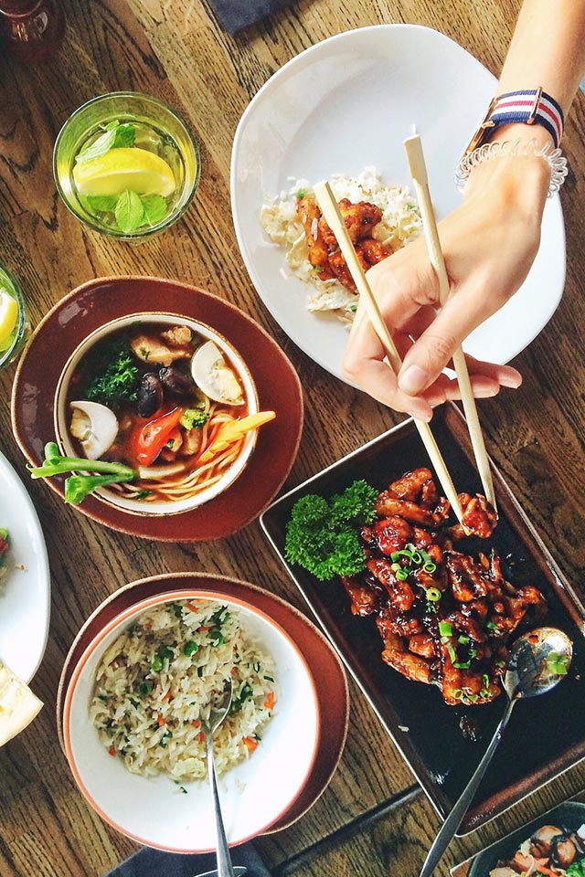 Various Chinese dishes on a table